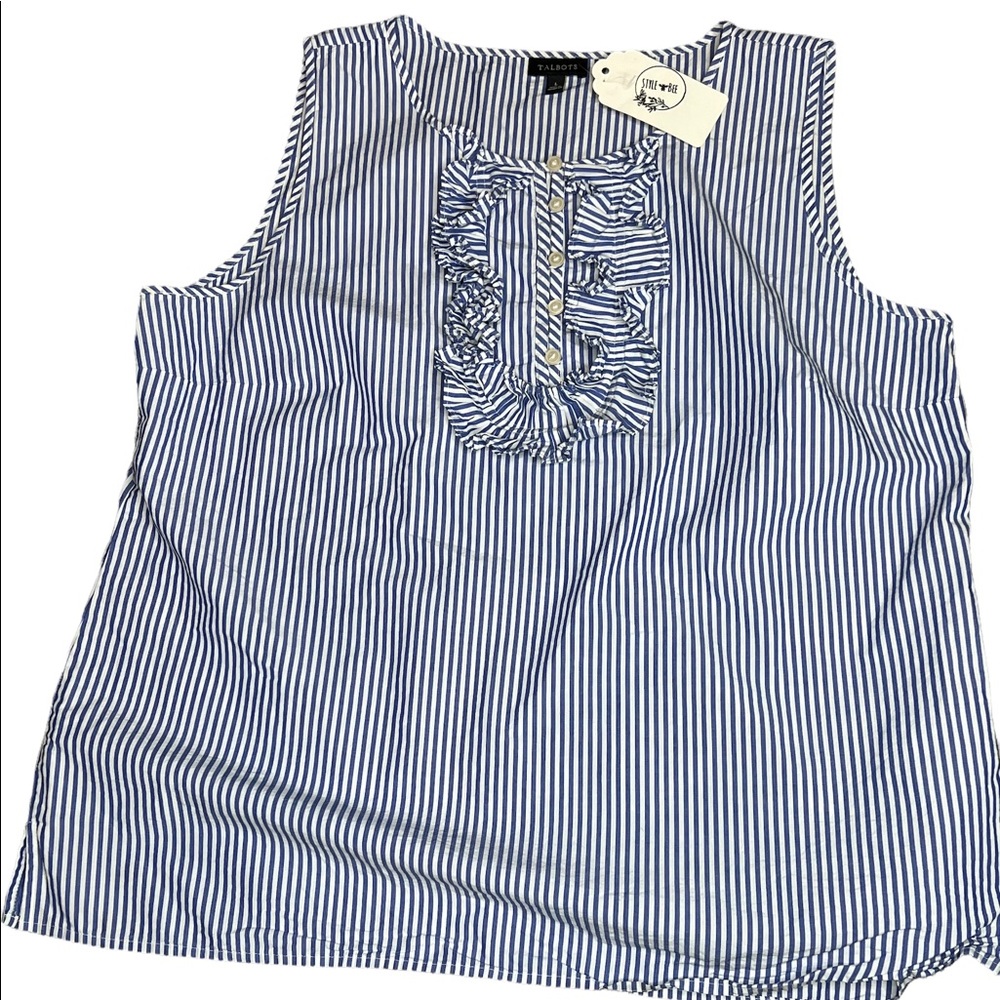 Talbots blue and white sleeveless blouse